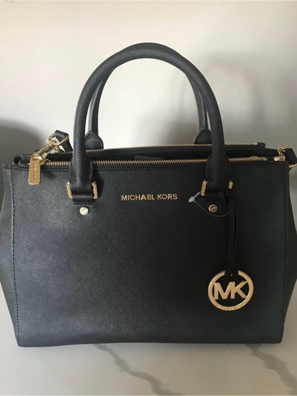 MICHAEL KORS Black Saffiano Leather Satchel with Gold Hardware